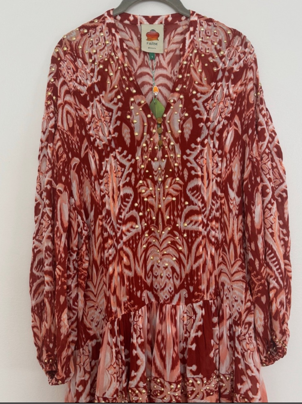 NWT Farm Rio Tropical Tapestry Red Metal Embroidered Tiered Maxi Dress - Picture 6 of 7